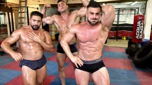 Marco Di Pietro, Eliseo Antonio Vazquez and Brian Nizok jerk in the gym