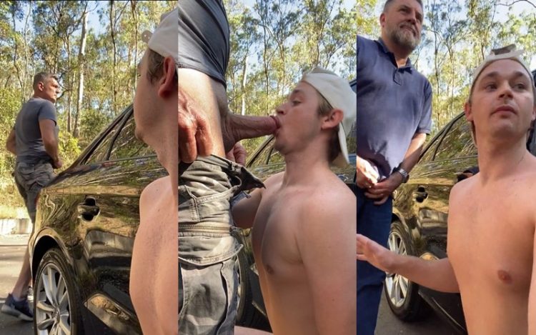 Blonde little slut sucks two daddies by the car