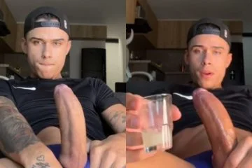 Santylicious jerks his massive cock, fills up a shot glass, and drinks it