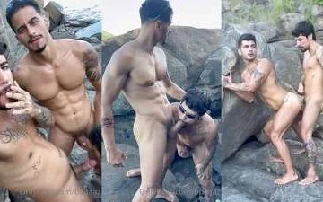 Yuri Diaz, Bruno Paz and Vitor Alves fuck on the rocks by the ocean