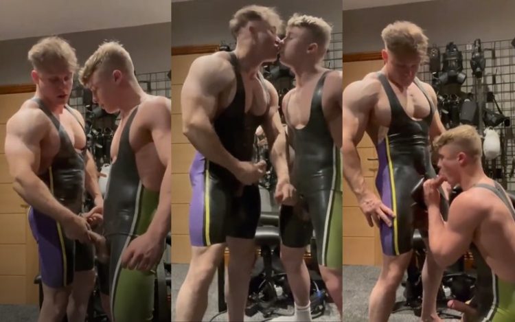 Young bodybuilders suck eachother in the gym