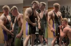 Young bodybuilders suck eachother in the gym