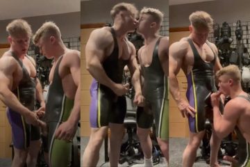 Young bodybuilders suck eachother in the gym