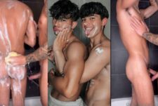 Twin brothers Castrofire jerk off in the shower together
