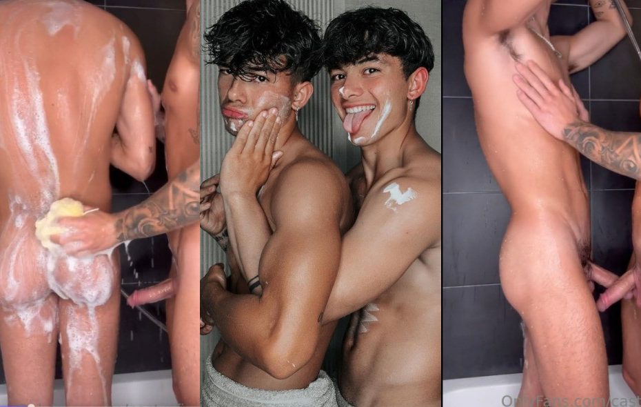 Twin brothers Castrofire jerk off in the shower together