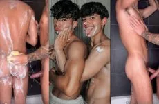 Twin brothers Castrofire jerk off in the shower together