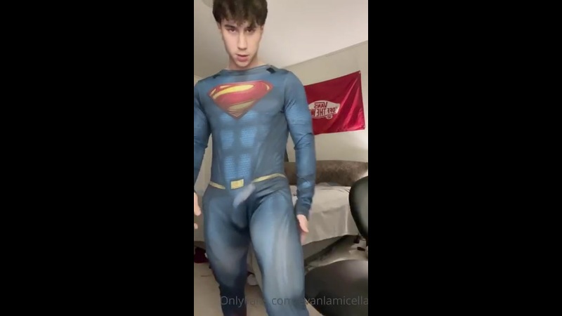 Showing off my Superman costume and jerking off Evan Lamicella