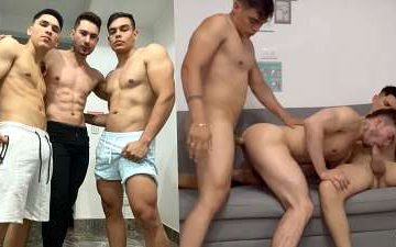 Brad (Brad2307), Yolber Martinez, and Matias Uribe have a theresome on the futon - JustTheGays.com - Stream the newest and hottest gay videos for free from your favorite performers from OnlyFans, Just for Fans, and 4myfans