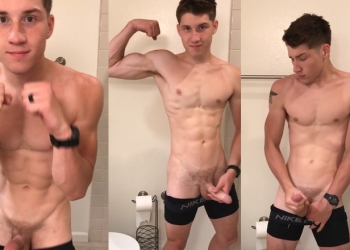 Guy jerks off in the bathroom after a workout