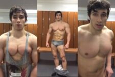 Young muscle guy shows off in the locker room after chest day