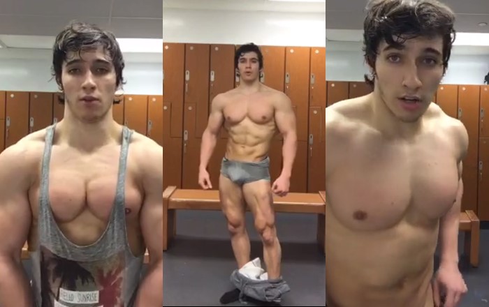 Young muscle guy shows off in the locker room after chest day