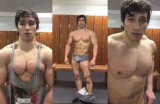 Young muscle guy shows off in the locker room after chest day