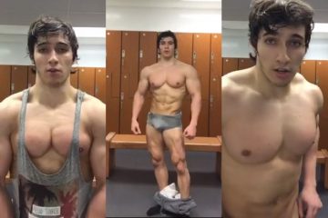 Young muscle guy shows off in the locker room after chest day