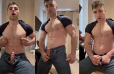Mario Vertigo (Alex Schaikovsky) jerks his rock hard cock through his pants