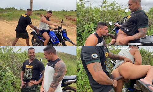 Fucking hard on the motorcycle on the side of  the road