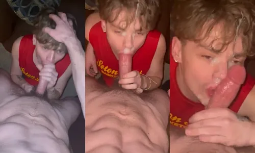 Twink sucks a cock and gets rewarded with a big facial