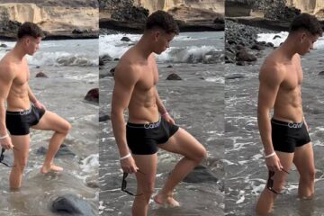 Model Ken (kenpop79) shows off his bulge in the river