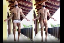 Tatted fitness instructor jump ropes naked
