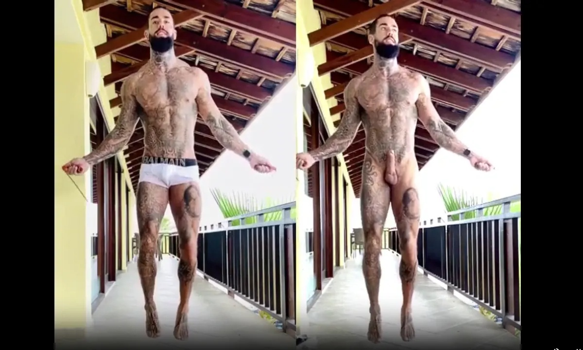 Tatted fitness instructor jump ropes naked