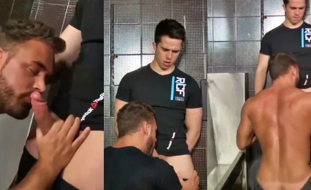Fitness stud gets sucked in the gym bathroom – with Brute Club and Logan Moore