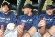 Beefy guy jerks off in the car