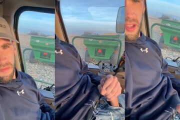 Farmer jerks off in the cab of the tractor