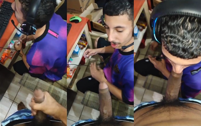 Gamer sucks his bro’s cock while playing
