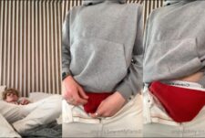 angelicboy jerks his cock in his pants