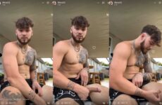 Tatted guy jerks off live on his back porch