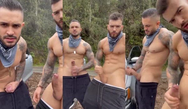 Guys pull over after a night of partying to jerk together