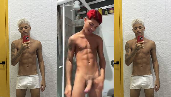 Latin twink dances and shows off his big cock in the bathroom
