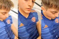 Young guy pisses on himself before he cums