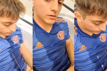 Young guy pisses on himself before he cums