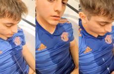 Young guy pisses on himself before he cums