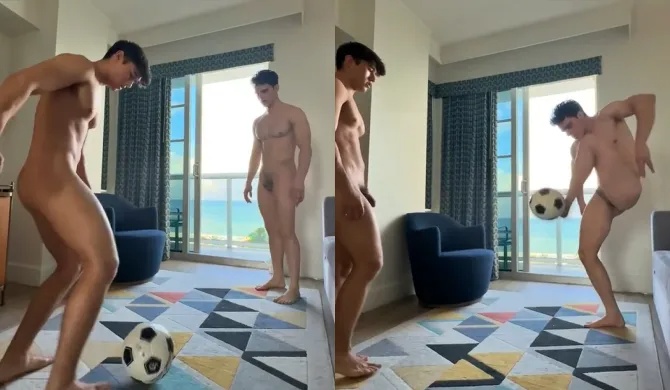Ethan Wilson (ethan_w999) and friend kick a soccer ball naked