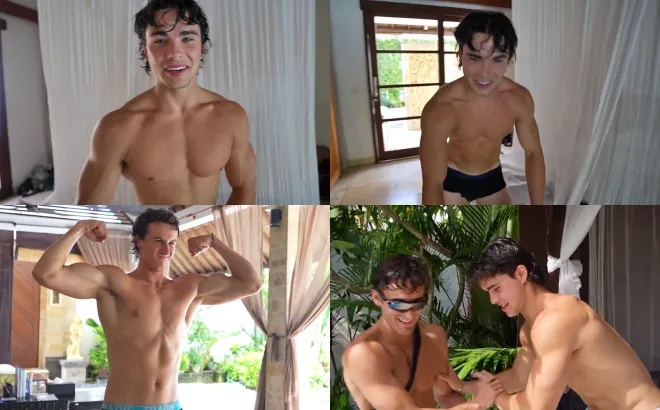 Young guys bro out in the villa together shirtless