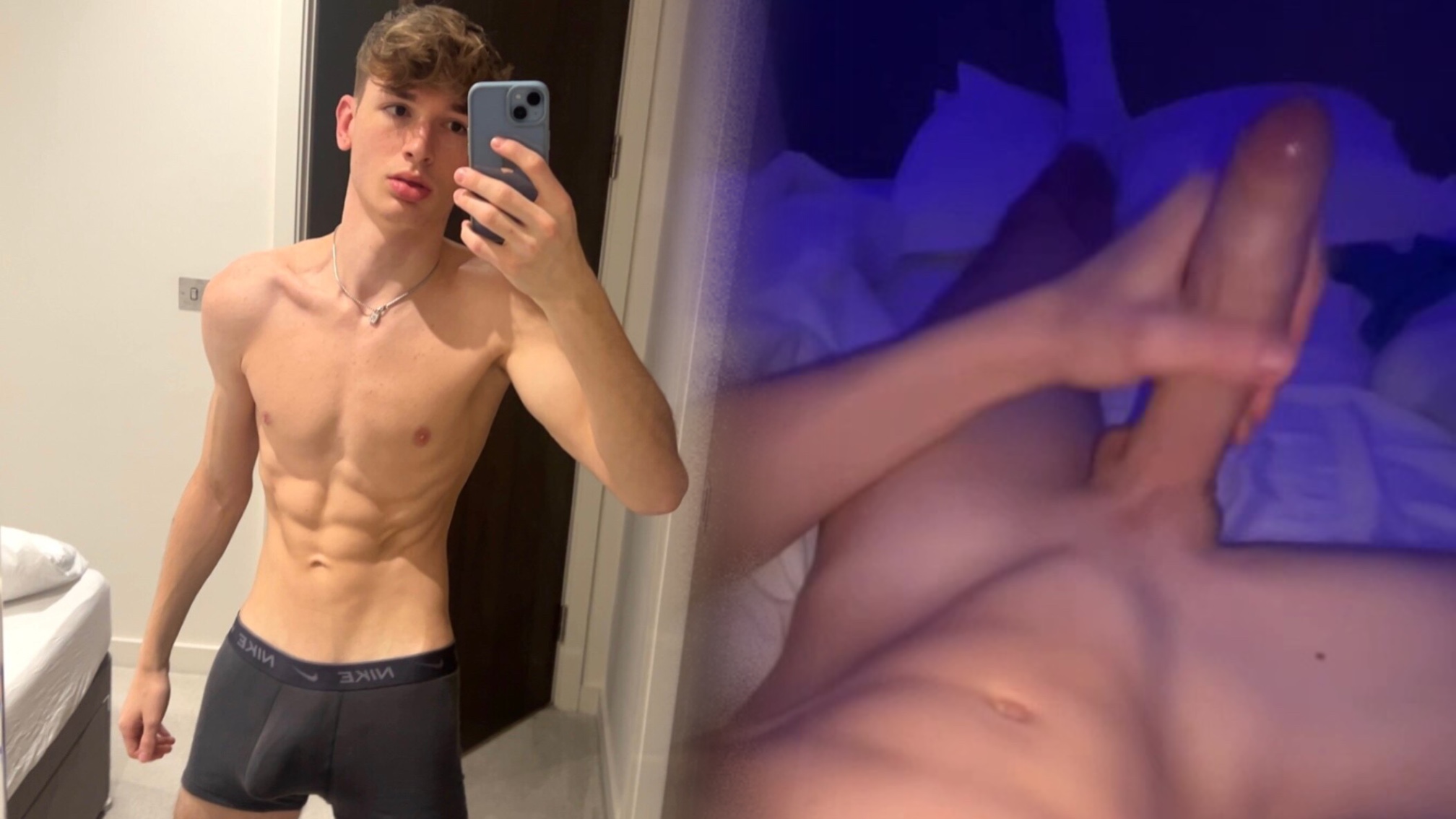 Hung 18 year old college student Kai Woods jerks off and cums on his abs
