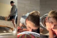 Watch a nerdy twink suck on my cock before his fucking
