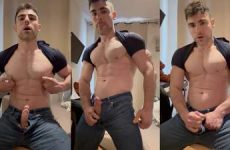 Mario Vertigo (Alex Schaikovsky) jerks his rock hard cock through his pants