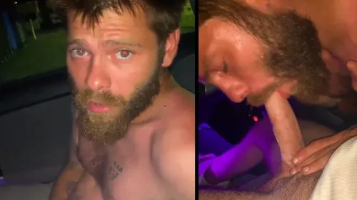 Bearded guy sucks a cock in the car