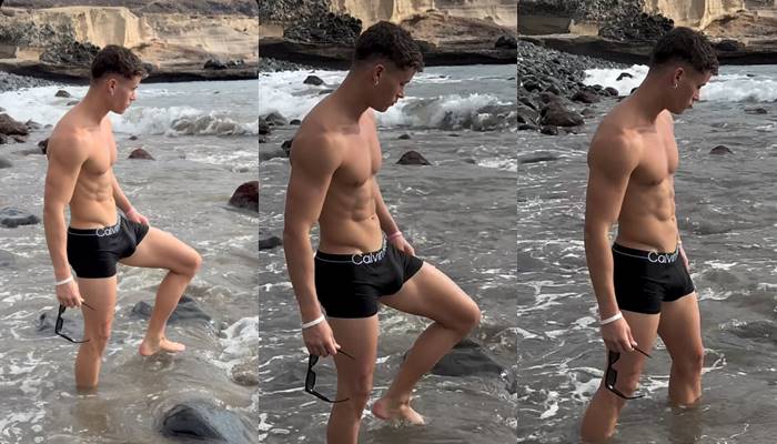 Model Ken (kenpop79) shows off his bulge in the river