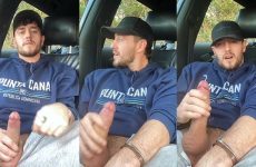 Beefy guy jerks off in the car