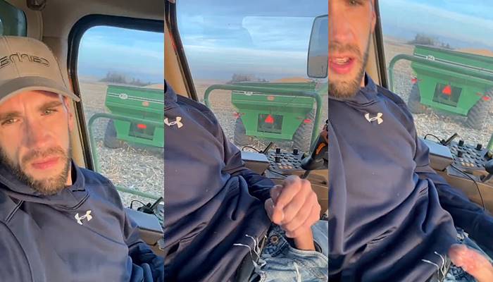 Farmer jerks off in the cab of the tractor