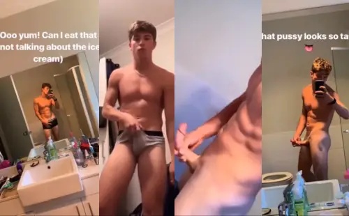 Twink jerks his curved cock – a compilation