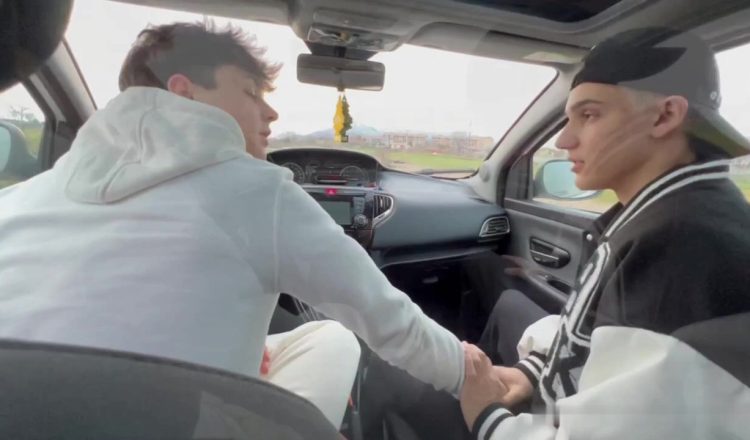 Samuele Cunto (sexysamu) and Kevin Guastella (hotkev) jerk and fool around in the car