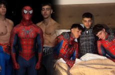 Twink Mauro, NaughtyKristian & dyamondjohn03 strip out of their Spiderman costumes
