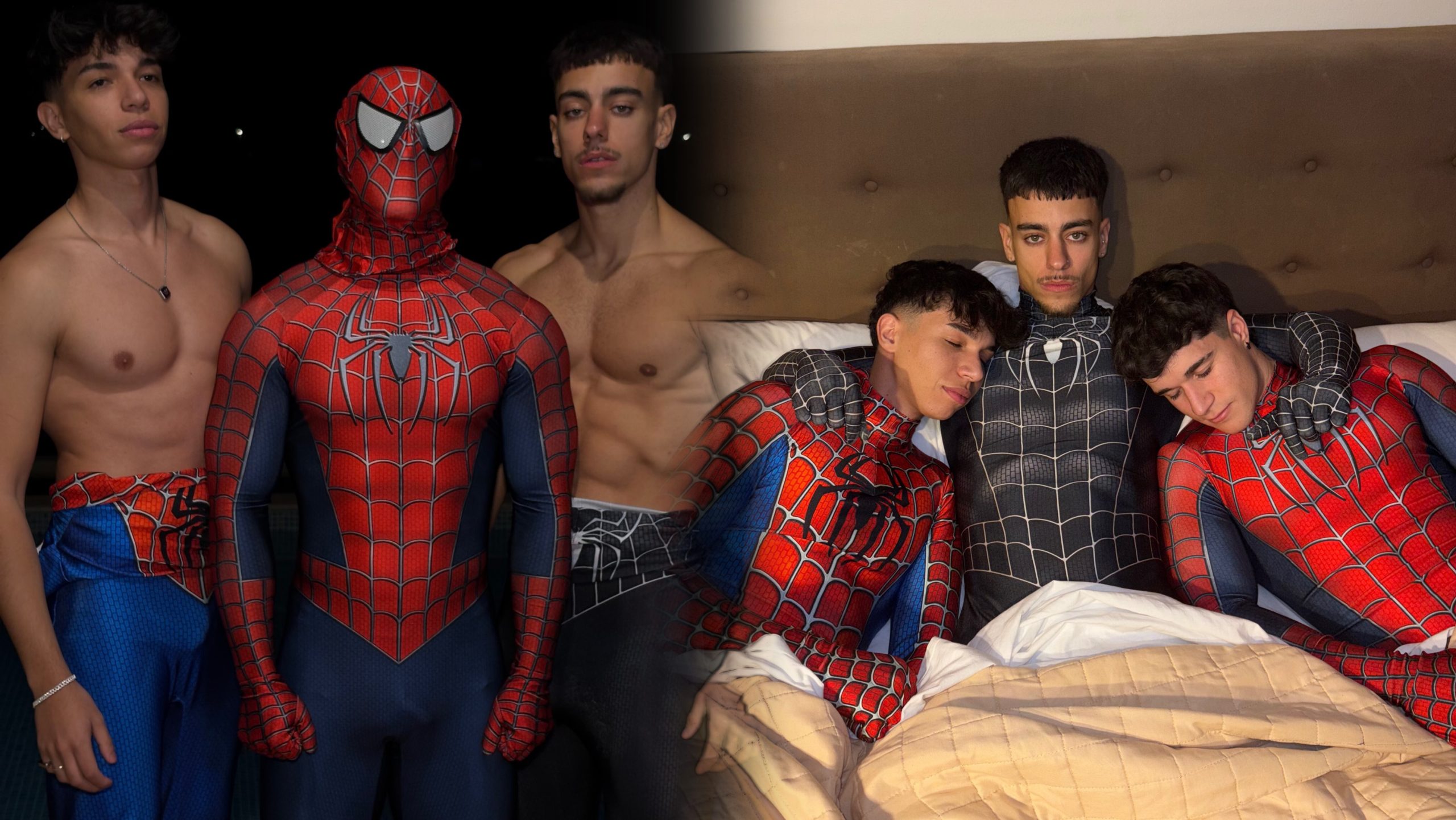 Twink Mauro, NaughtyKristian & dyamondjohn03 strip out of their Spiderman costumes