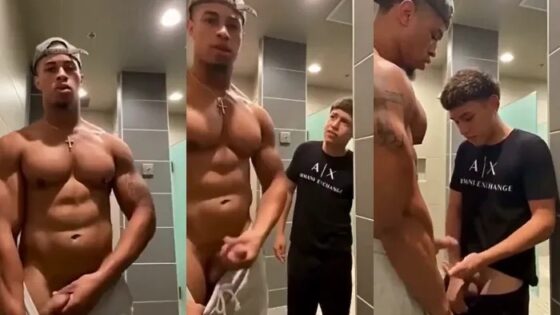 Jerking together in the gym bathroom