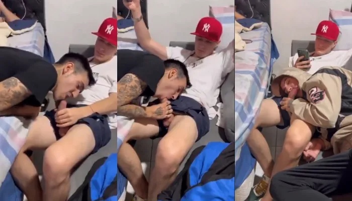 Jock get his cock sucked in the dorm room