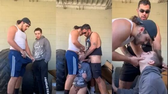 Sub twink gets face fucked by two alphas in the garage
